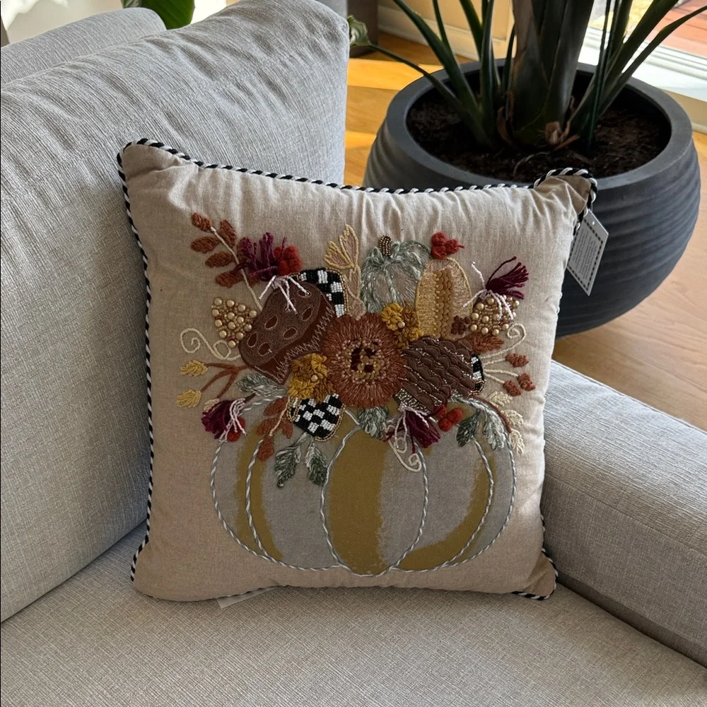 MacKenzie-Childs Autumn Frost Beaded Pumpkin Throw Pillow-NWT